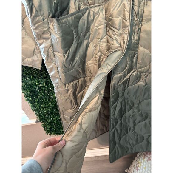 Carbon38 Puffer Trench Coat Womens Large NWT Green Blanket Onion Quilted Long Be - Picture 6 of 10